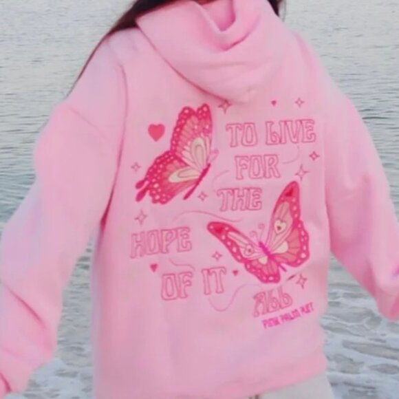 Pink Palm Puff Hoodie "To Live For the Hope of it All" in Pink - Size L - BNWT - Picture 1 of 10